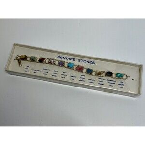 Vintage Metal Panel Link Bracelet With Genuine Natural Stone Nuggets New